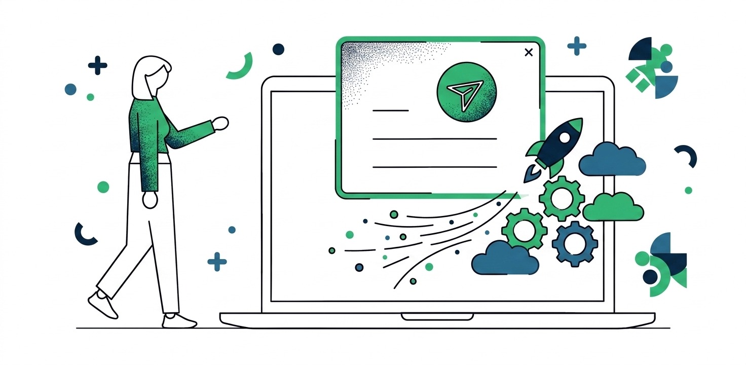 Ilustración de innovación digital Persona junto a laptop con ventana emergente e ícono de avión de papel.
