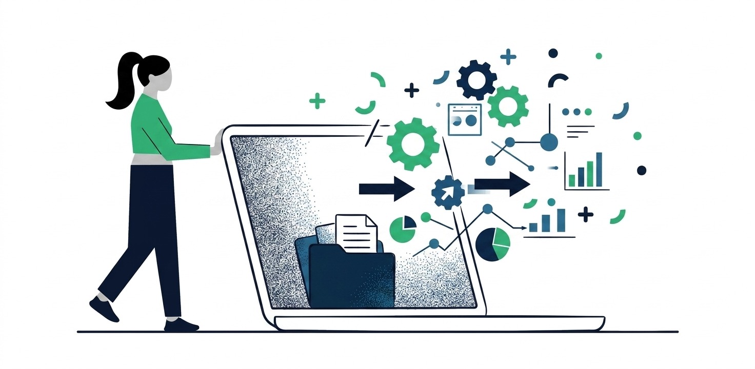 Ilustración de procesamiento de datos Persona junto a laptop con gráficos, engranajes y carpeta digital.