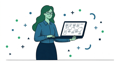 Persona con gafas usando portátil que muestra diagrama con flechas.