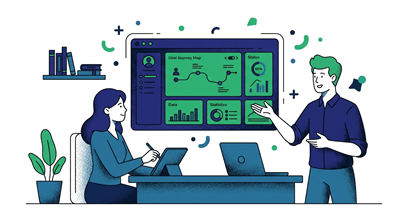 Dos personas en oficina con pantalla “User Journey Map”.