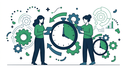 Dos personas con relojes grandes y engranajes, simbolizando gestión del tiempo.