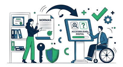 Personas junto a pantalla con texto “Accesibilidad Digital” y normas.