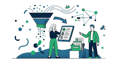 Dos personas junto a embudo con gráficos de datos y checklist.